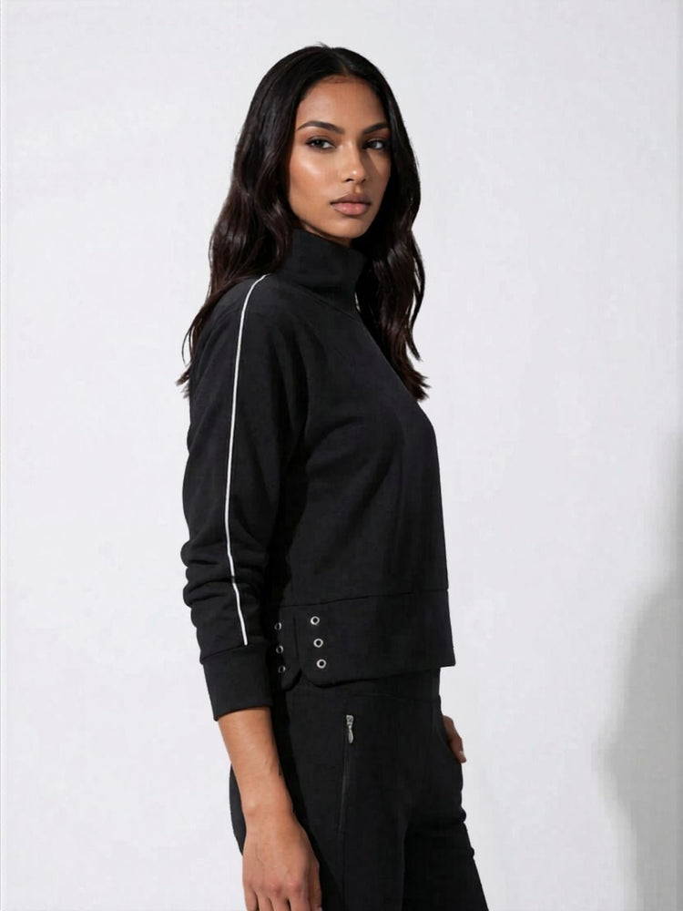 Funnel Neck Athleisure Sweat Shirt With Shoulder Zipper And UV Protection Tops - inPhorm NYCBlack