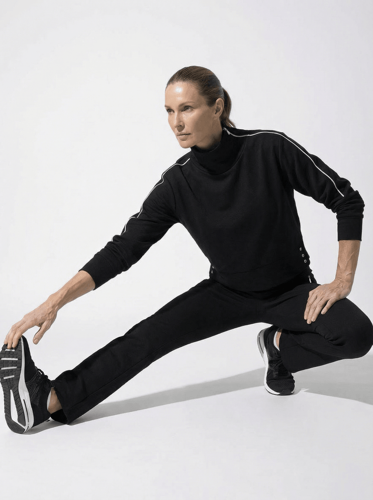Funnel Neck Athleisure Sweat Shirt With Shoulder Zipper And UV Protection Tops - inPhorm NYCBlack