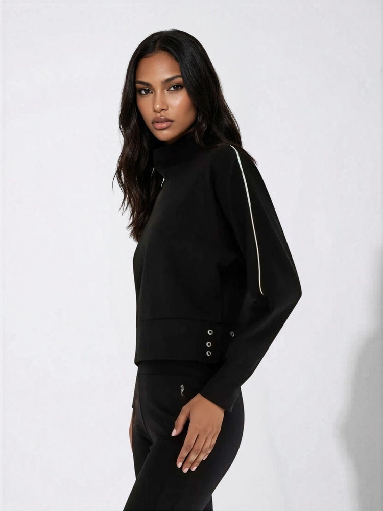 Funnel Neck Athleisure Sweat Shirt With Shoulder Zipper And UV Protection Tops - inPhorm NYCBlack
