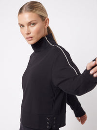Funnel Neck Athleisure Sweat Shirt With Shoulder Zipper And UV Protection Tops- inPhorm NYCBlack