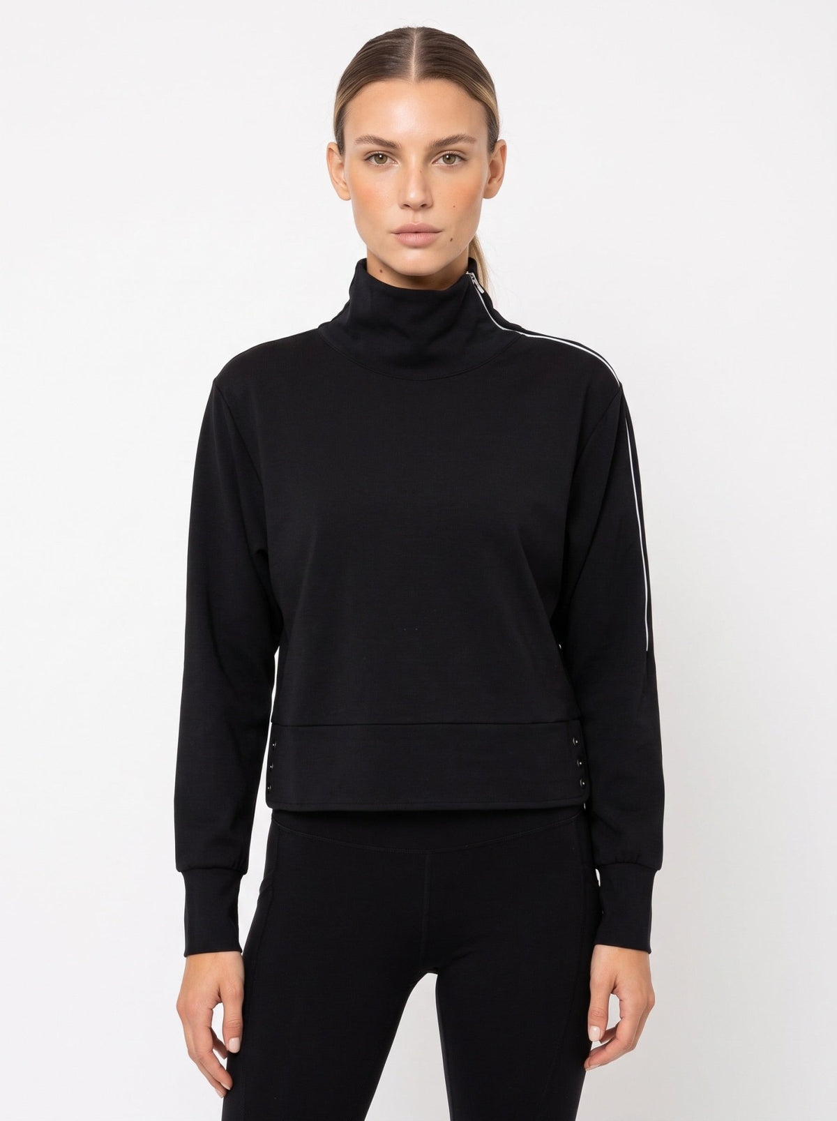 Funnel Neck Athleisure Sweat Shirt With Shoulder Zipper And UV Protection Tops- inPhorm NYCBlack