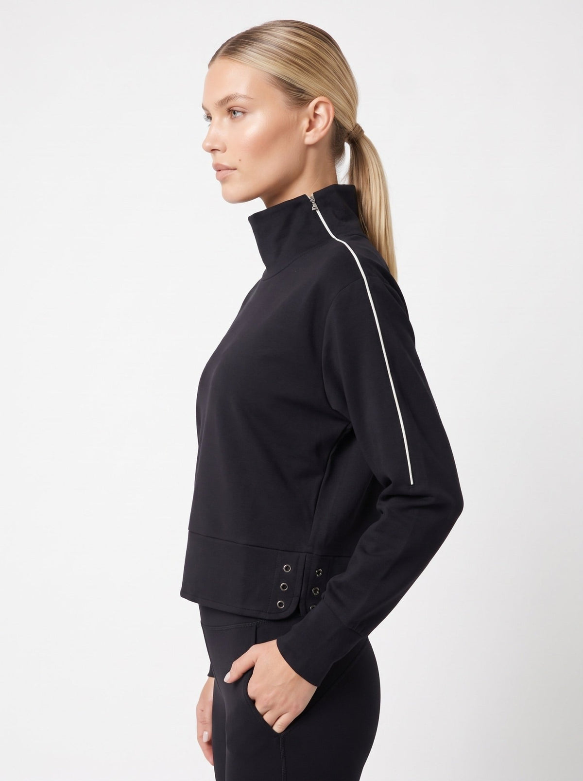 Funnel Neck Athleisure Sweat Shirt With Shoulder Zipper And UV Protection Tops- inPhorm NYCBlack