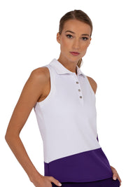 Front side view of model wearing the sleeveless golf polo collar top in white and imperial by inPhorm NYC