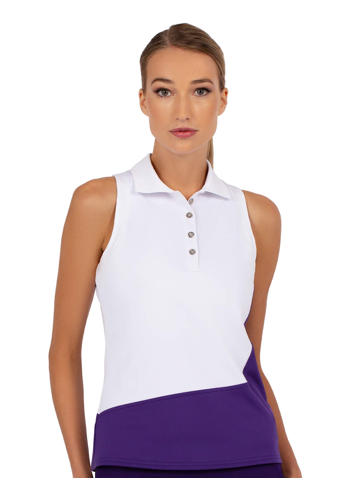 Front view of model wearing the sleeveless golf polo collar top in white and imperial by inPhorm NYC