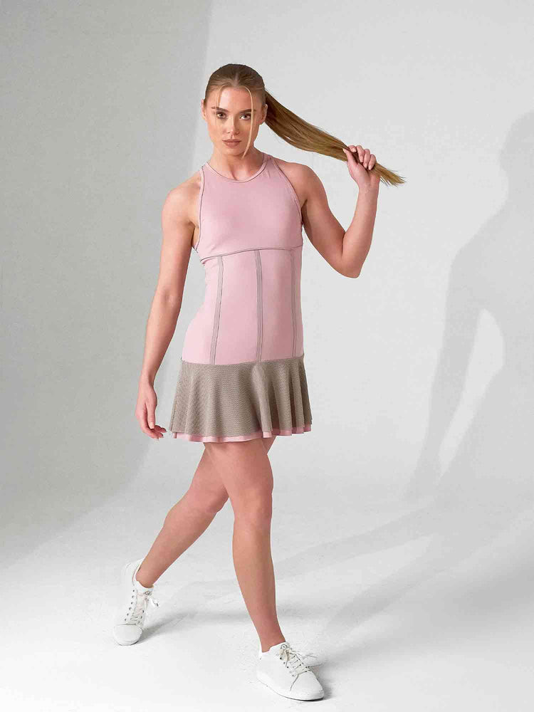 MAI DRESS | Performance Tennis & Pickleball Dress with Mesh Flounce - inPhorm NYCDUSTY PINK/LATTE