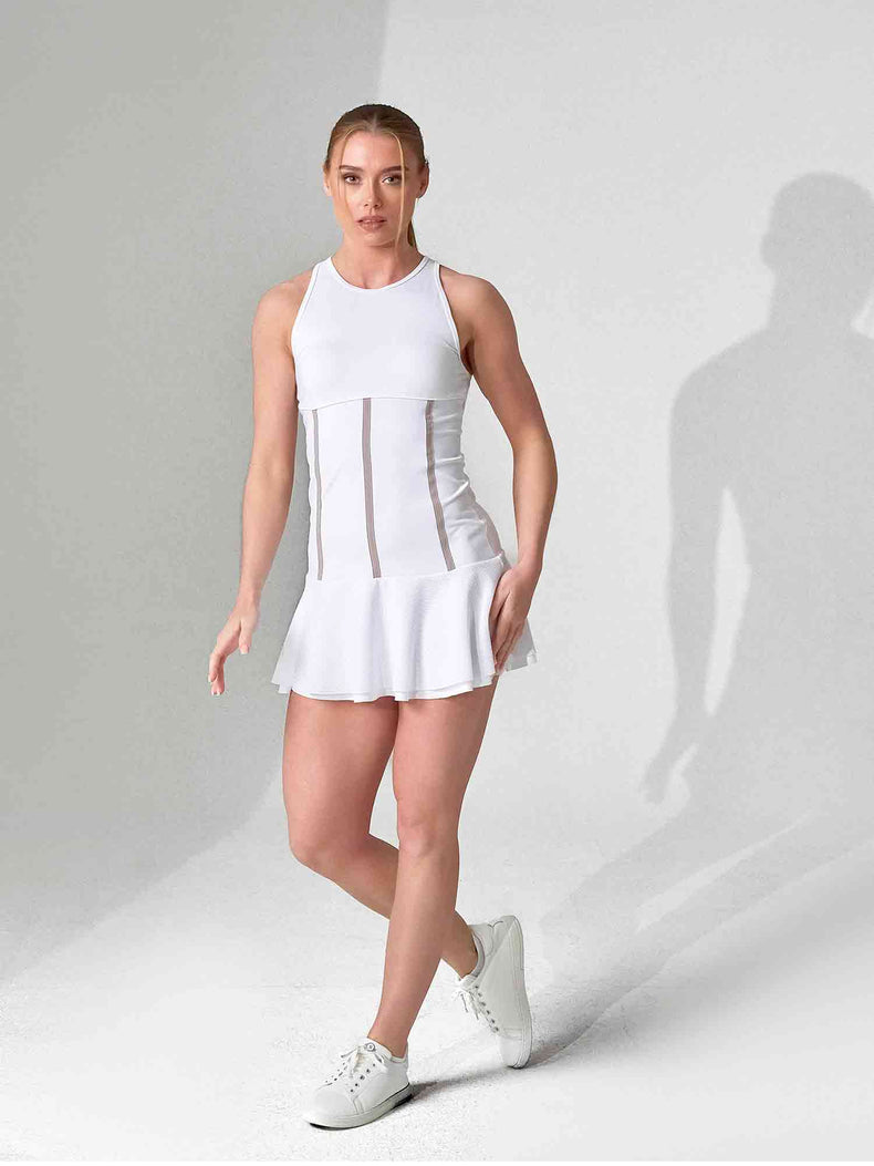 MAI DRESS | Performance Tennis & Pickleball Dress with Mesh Flounce - inPhorm NYCWHITE/LATTE