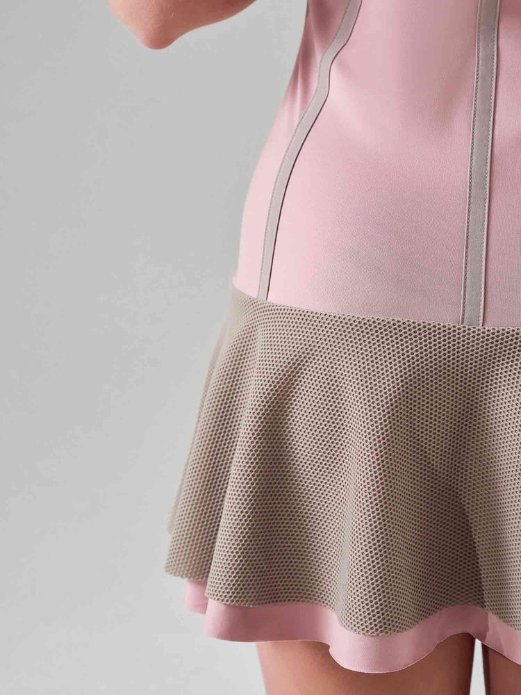 MAI DRESS | Performance Tennis & Pickleball Dress with Mesh Flounce - inPhorm NYCDUSTY PINK/LATTE