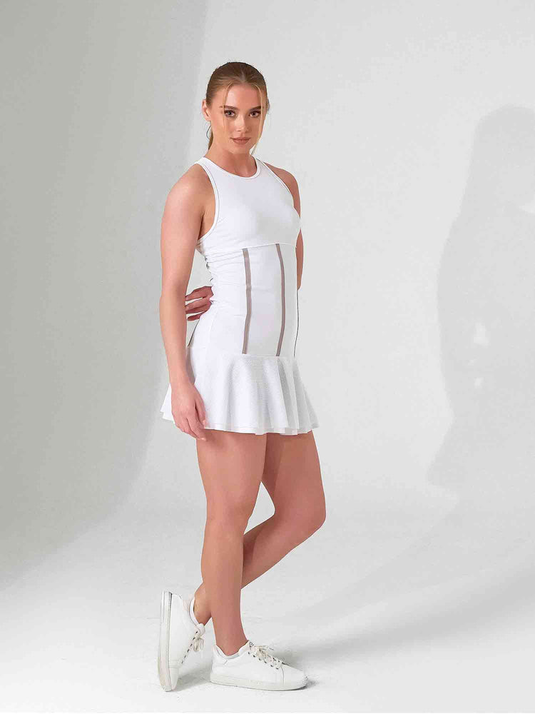 MAI DRESS | Performance Tennis & Pickleball Dress with Mesh Flounce - inPhorm NYCWHITE/LATTE