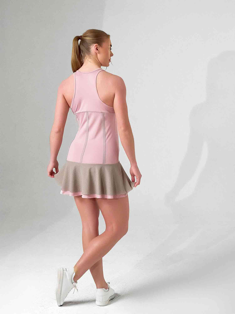 MAI DRESS | Performance Tennis & Pickleball Dress with Mesh Flounce - inPhorm NYCDUSTY PINK/LATTE