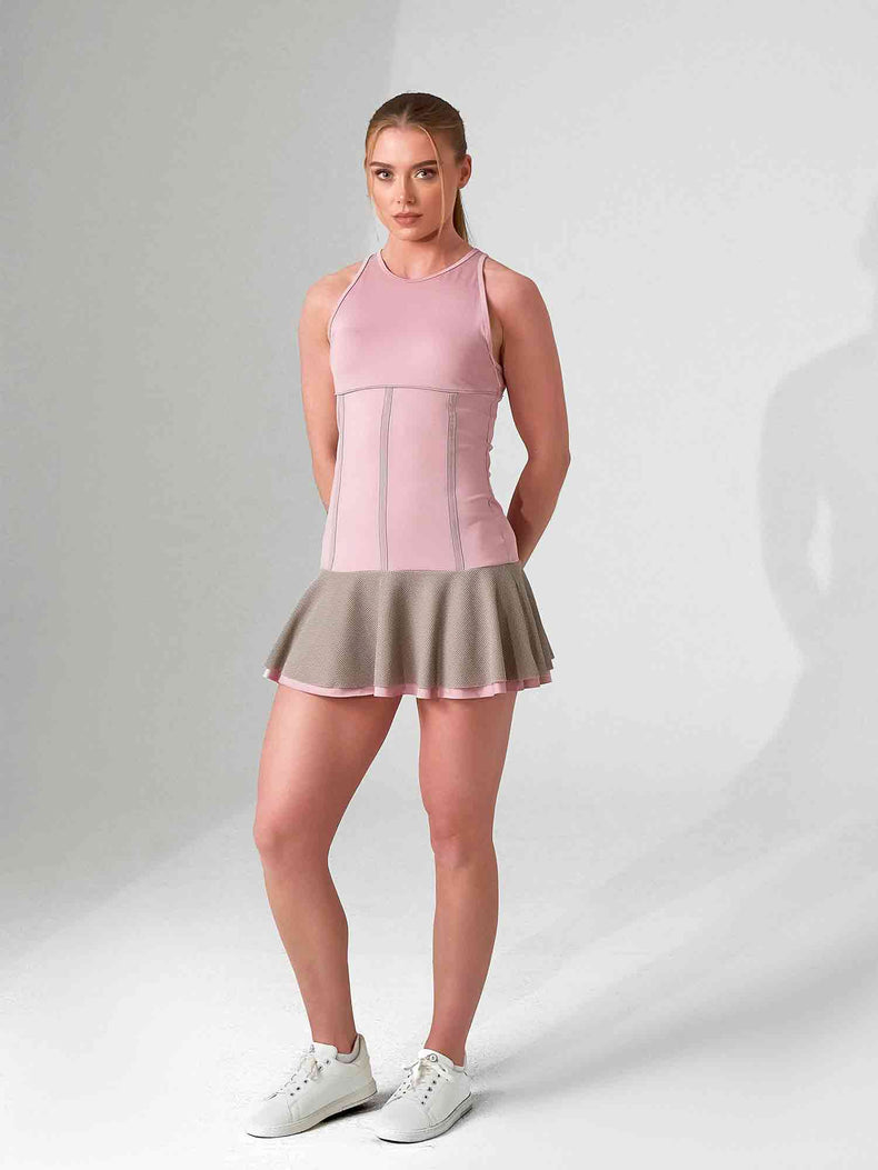 MAI DRESS | Performance Tennis & Pickleball Dress with Mesh Flounce - inPhorm NYCDUSTY PINK/LATTE
