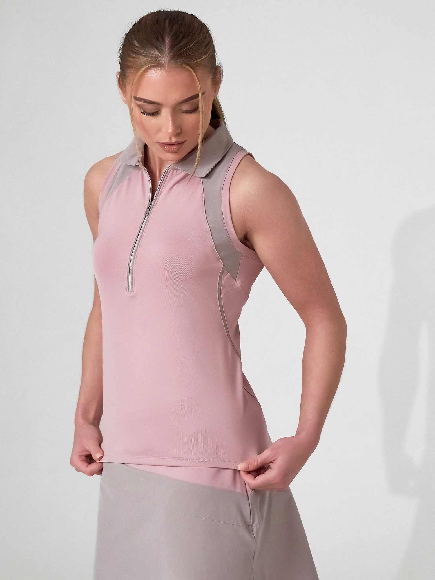 MAI Sleeveless Polo | Fitted Athletic Tank with Racer Back | First Position Collection Tops - inPhorm NYCDUSTY PINK/LATTE