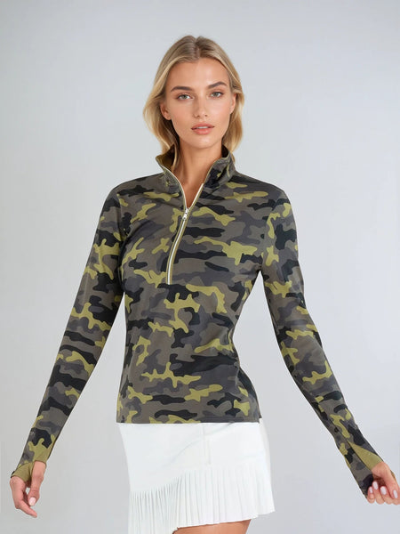 【HI FI FNK】Work Camo Cropped Top Performance Half Zip High Collar Long Sleeve With Camo Print