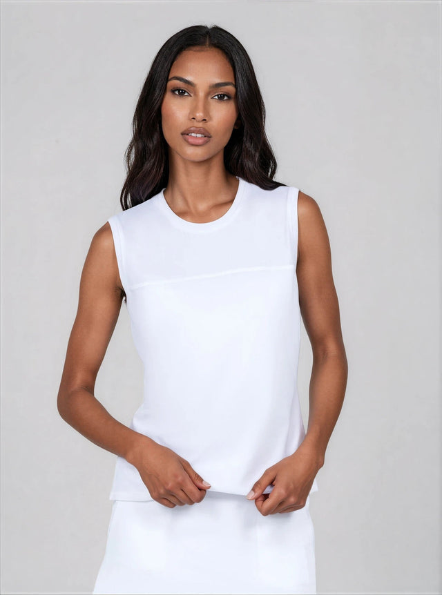 Relax - Fit Crewneck Tank with Light Mesh Overlay - White - inPhorm NYCWhite
