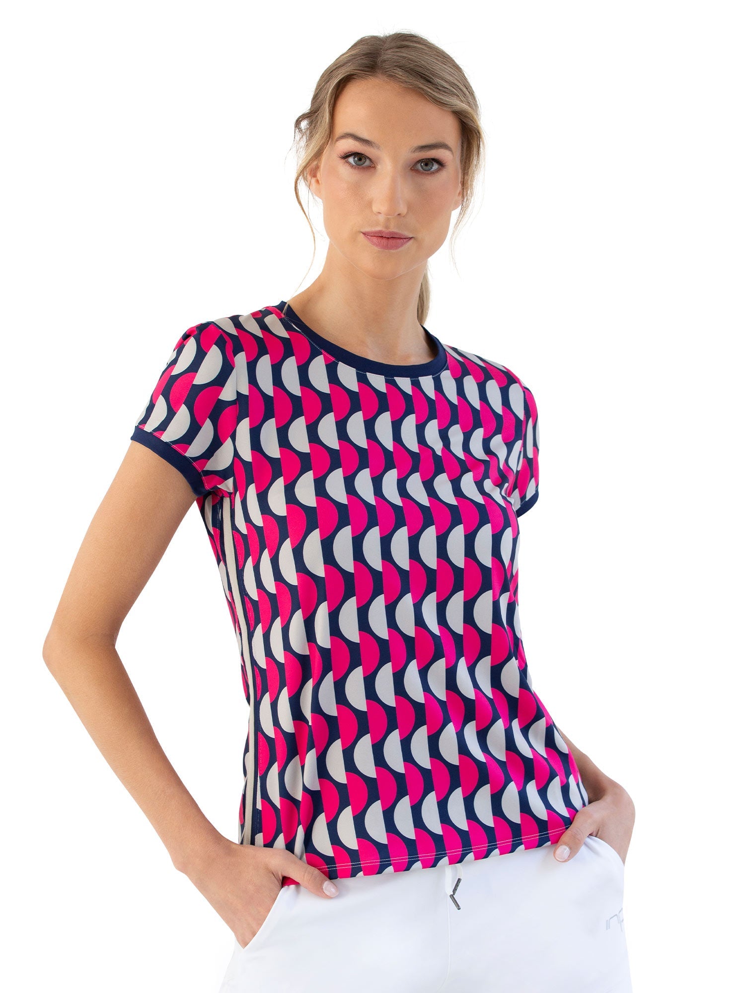 Sustainble Harper Short Sleeve Crew Neck - Geo Print Tops - inPhorm NYCGeo Print/Ink/Silver Sand