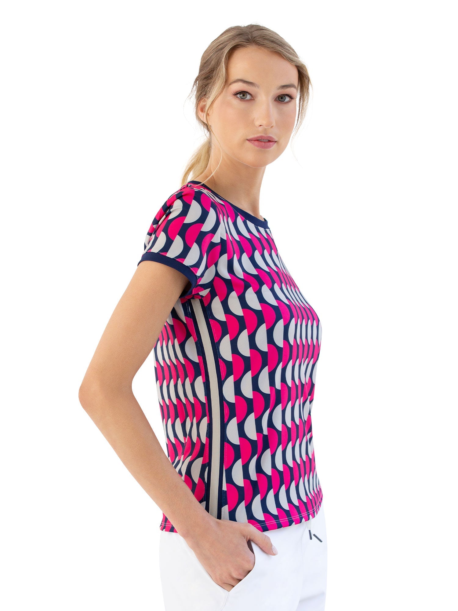 Sustainble Harper Short Sleeve Crew Neck - Geo Print Tops - inPhorm NYCGeo Print/Ink/Silver Sand
