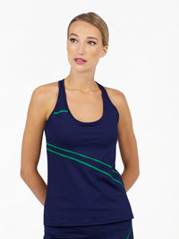 Front view of model wearing the Angelika tennis tank in ink and ivy by inPhorm with her hands behind her back