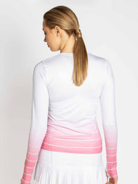 Back view of model wearing the Bailey long sleeve crew neck in plumeria ombre by inPhorm NYC with hands at her side