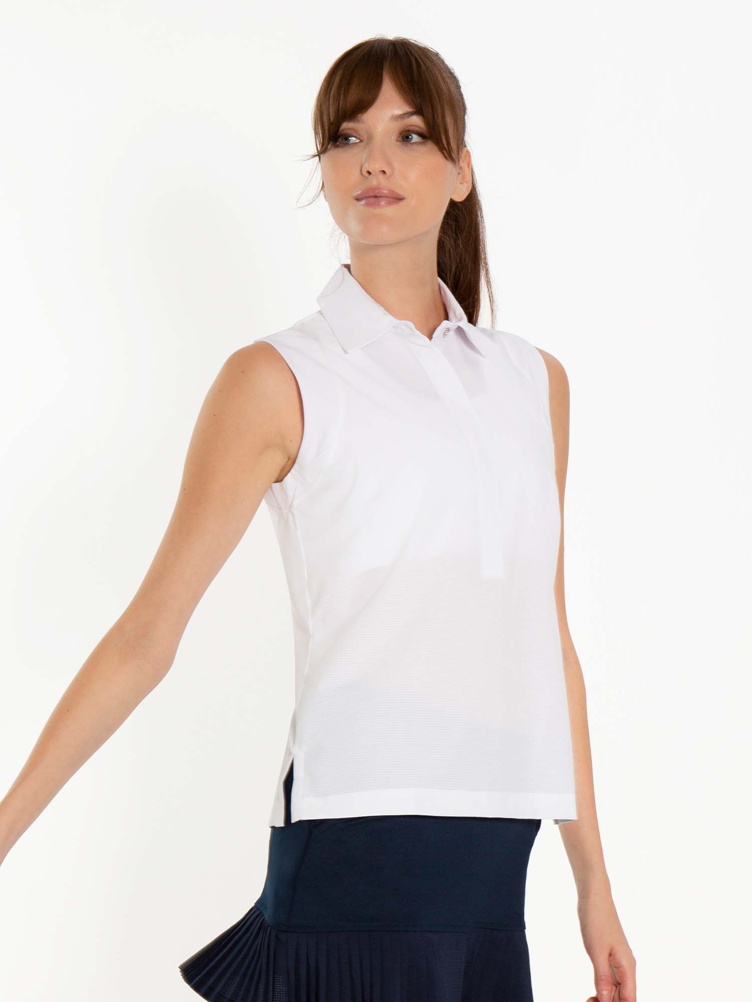 Front view of model wearing the Bailey sleeveless collar top in white by inPhorm NYC