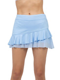 Front view of model wearing the Courtside charm tennis skirt  in bluebell by inPhorm NYC