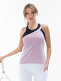 Front view of model wearing the Emma tank in lilac and black by inPhorm NYC holding a tennis racket