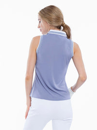 Back view of model wearing the Alexa sleeveless polo in granite and white by inPhorm NYC