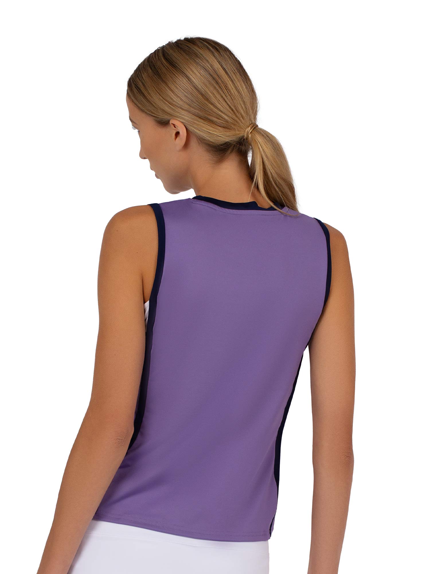 Back view of model wearing the Hazel tennis tank top in lavender and ink by inPhorm NYC