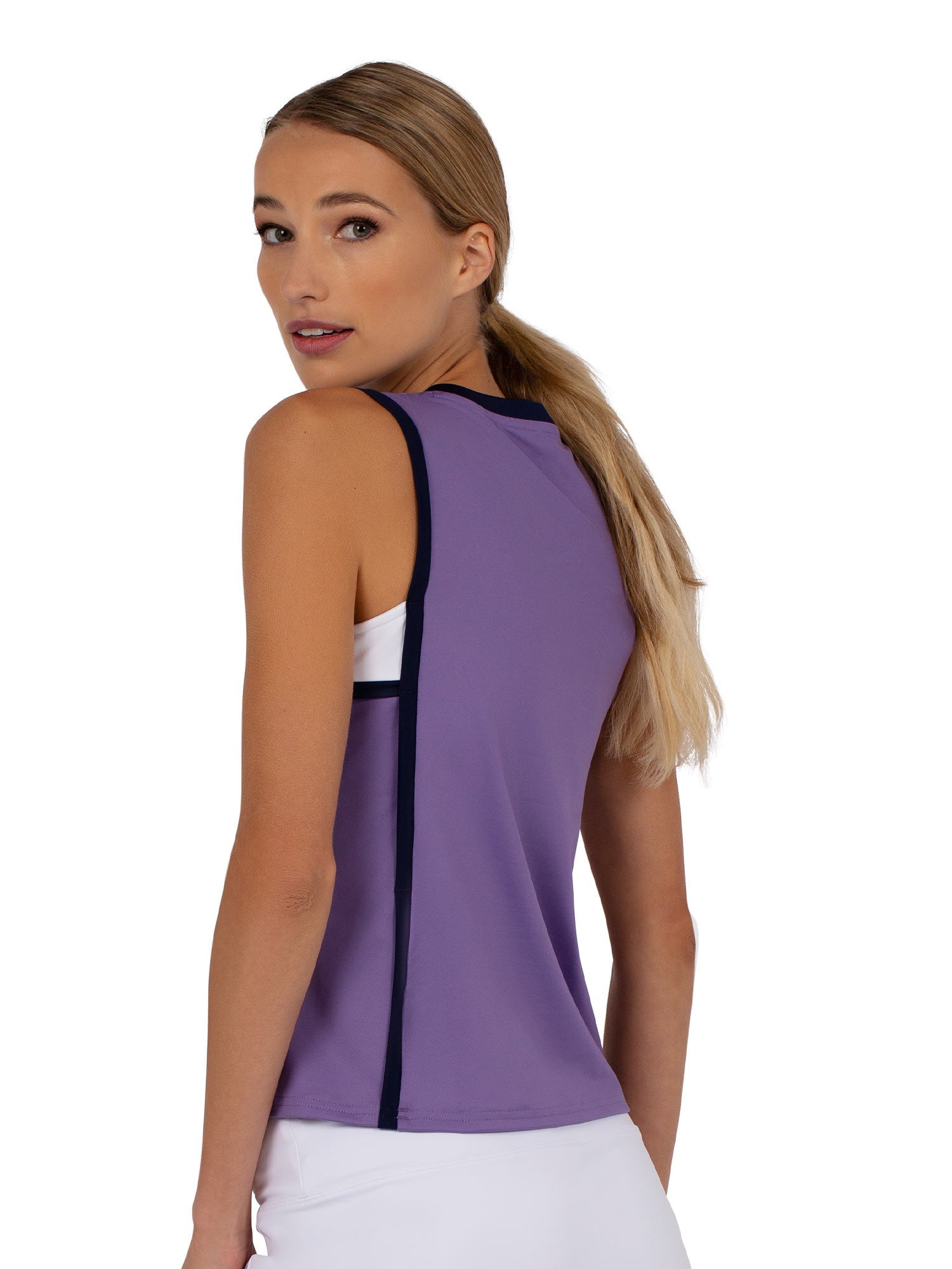Back view of model wearing the Hazel tennis tank top in lavender and ink by inPhorm NYC
