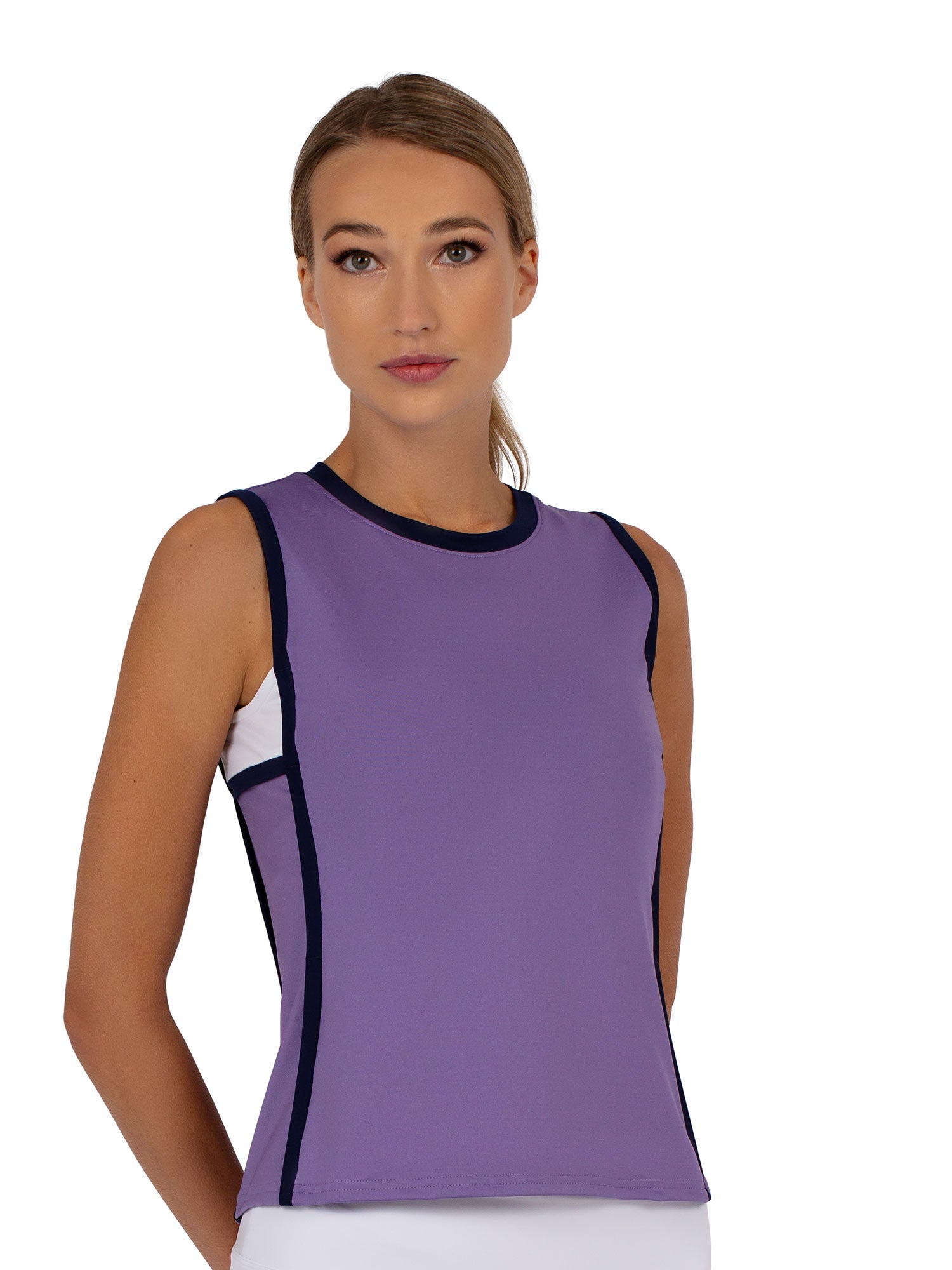 Front view of model wearing the Hazel tennis tank top in lavender and ink by inPhorm NYC