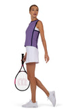 Side view of model wearing the Hazel tennis tank top in lavender and ink by inPhorm NYC holding a tennis racket