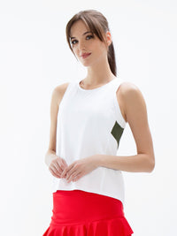 Front view of model wearing the In Motion color-blocked tank in white and militaire by inPhorm NYC with her arms bent