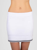 Front view of model wearing the Lilian 15" skirt in white/black by inPhorm NYC