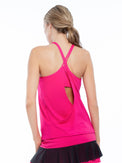 Back view of model wearing the Nora halter neck active and tennis tank in fuchsia by inPhorm NYC with her hands at her side