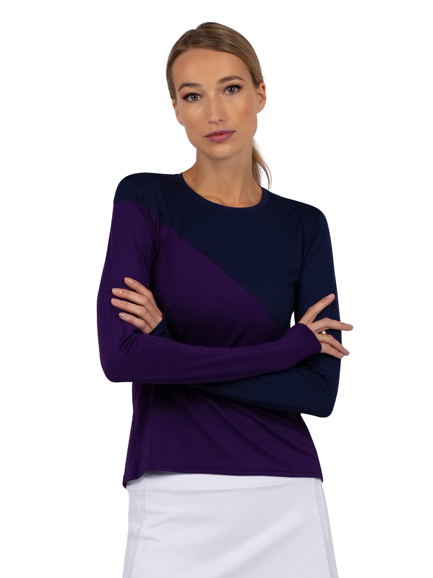 Front view of model wearing the Parker Long Sleeve Crew Neck Top in Imperial and Ink with her arms crossed