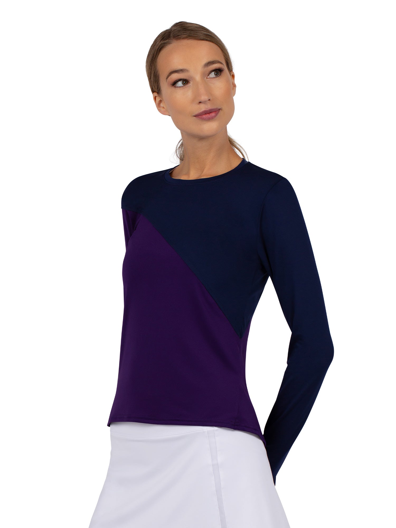 Front view of model wearing the Parker Long Sleeve Crew Neck Top in Imperial and Ink with her hand at her side