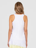 Back view of model wearing the Phoebe tennis and active tank in white and zest by inPhorm NYC with her arms at her side