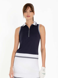 Front view of model wearing the Pheobe sleeveless polo in midnight and white by inPhorm NYC with her arms at her side