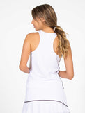 Back view of model wearing the Riley active tank in white and onyx by inPhorm NYC with her hands in front of her