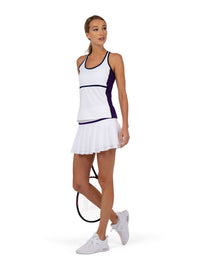 Front view of model wearing the Ashley racer tank in white/imperial/ink by inPhorm NYC holding a tennis racket