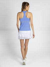 Back view of model wearing the Ashley racer tank in periwinkle/pearl by inPhorm NYC with her hands at her side