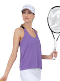 Front view of model wearing the double layer "T" racer back Camilla tank in lavender and black by inPhorm NYC holding a tennis racket