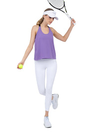 Front view of model wearing the double layer "T" racer back Camilla tank in lavender and black by inPhorm NYC wearign a white visor holding a tennis ball