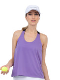 Front view of model wearing the double layer "T" racer back Camilla tank in lavender and black by inPhorm NYC holding a tennis ball