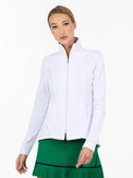 Front view of model wearing the Harlow knit jacket in white by inPhorm NYC wearing a green skirt with her hands at her side