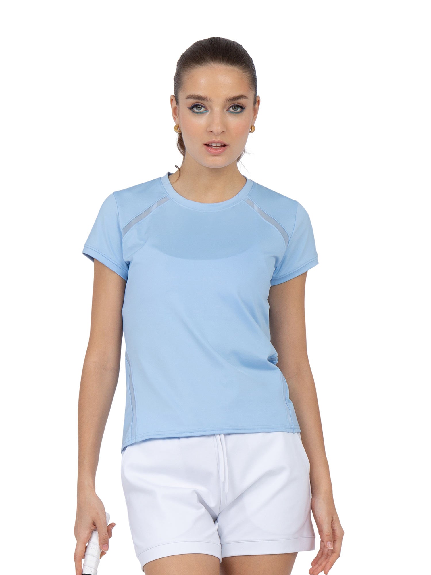 Front view of model wearing the classic short sleeve crew neck in bluebell by inPhorm NYC with her hands at her side