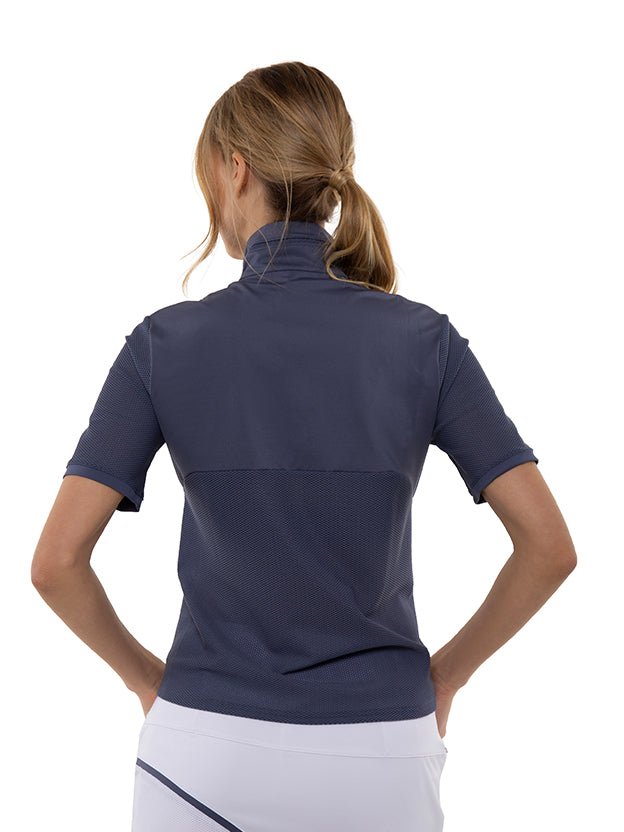 Zoe Performance Golf Polo – Silver Zip & Mesh Detail - inPhorm NYCSHADOW BLUE