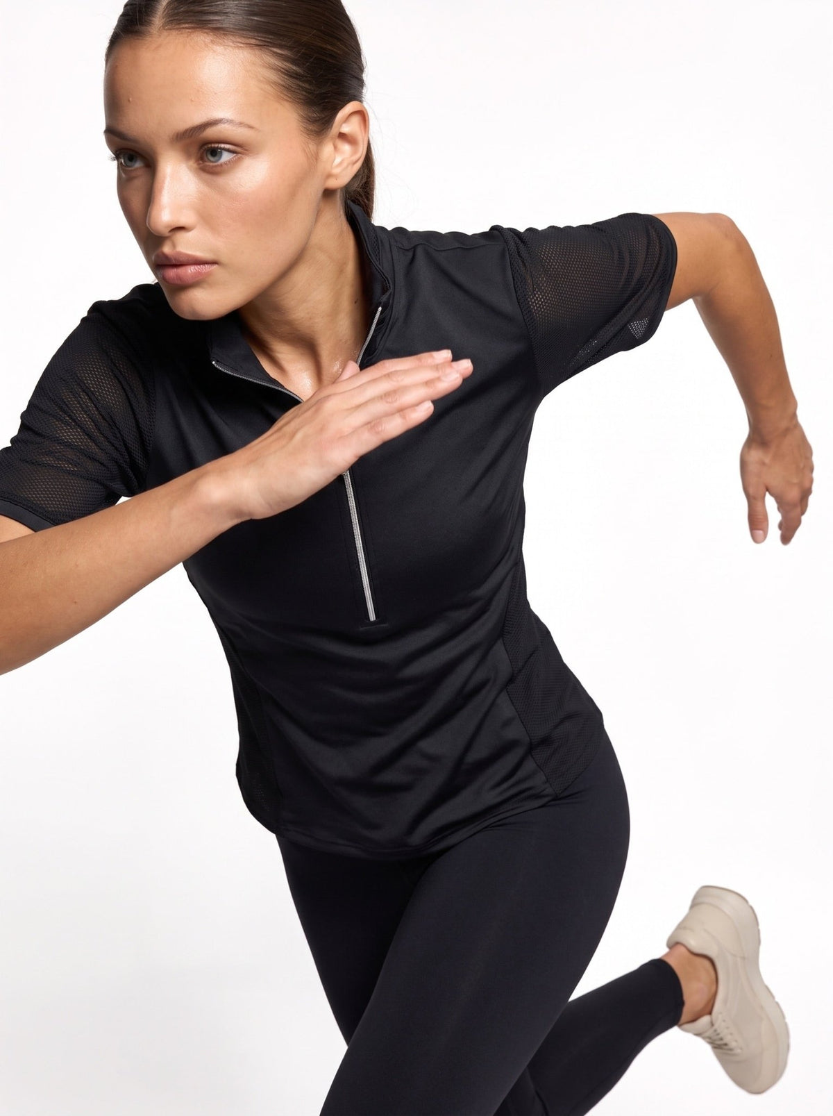 Zoe Performance Golf Polo – Silver Zip & Mesh Detail - inPhorm NYCBlack