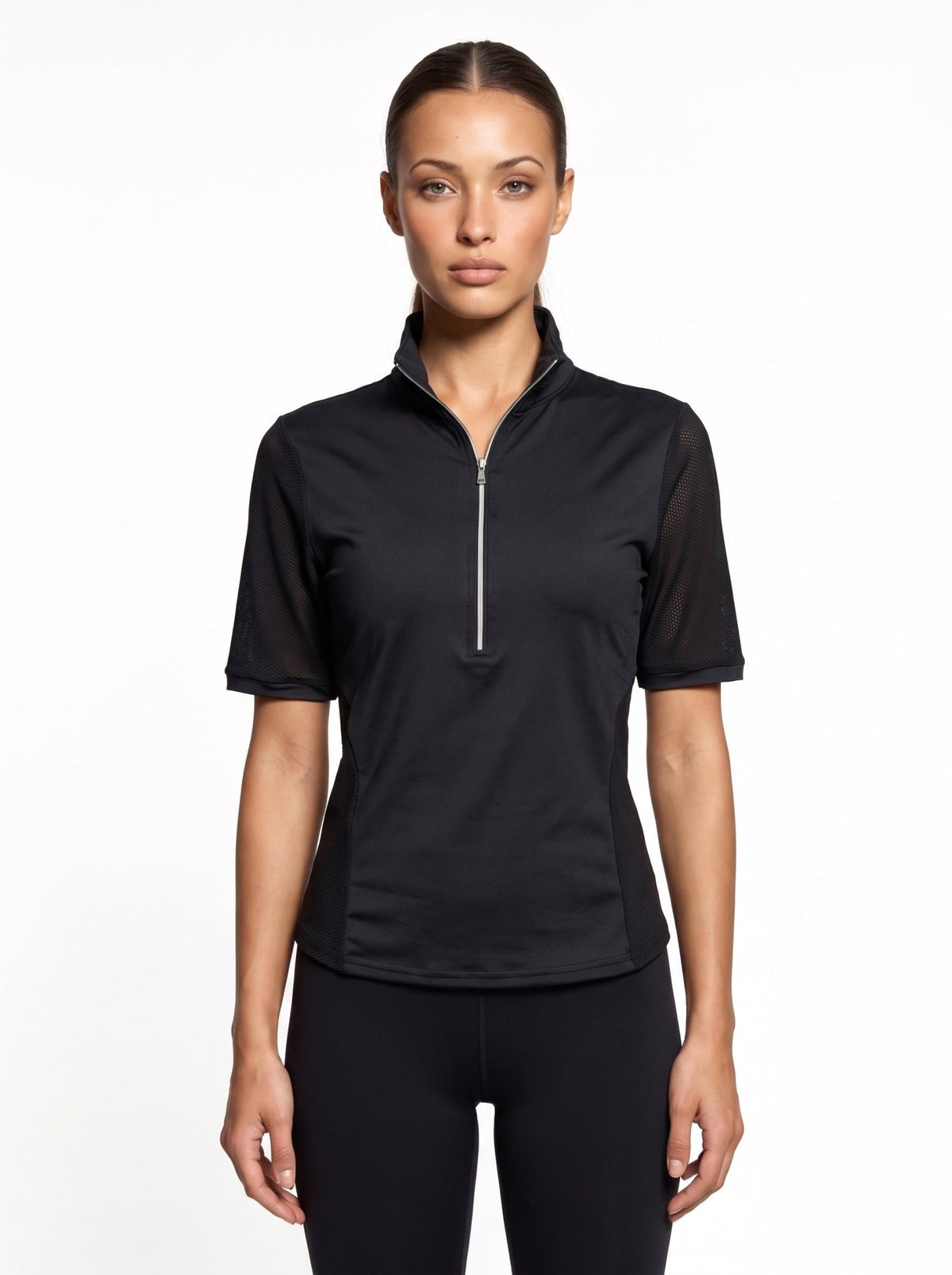 Zoe Performance Golf Polo – Silver Zip & Mesh Detail - inPhorm NYCBlack