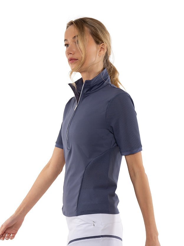Zoe Performance Golf Polo – Silver Zip & Mesh Detail - inPhorm NYCSHADOW BLUE