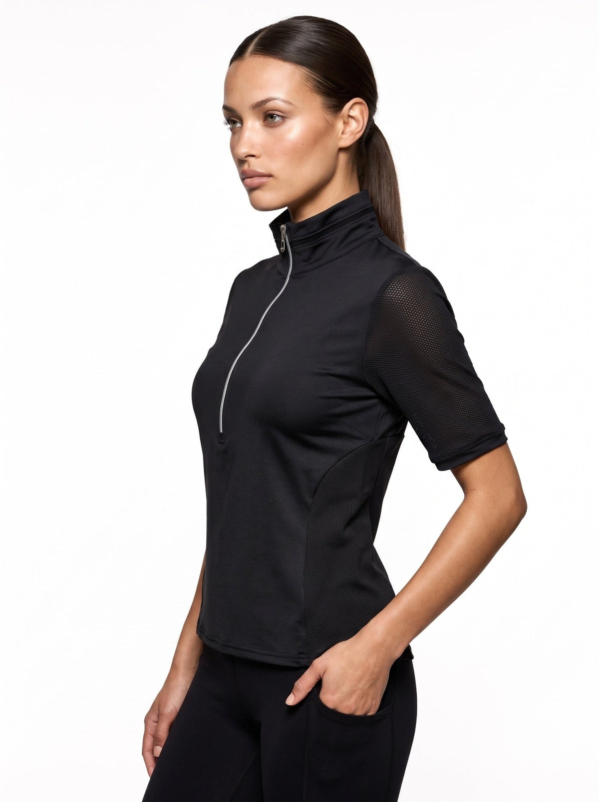 Zoe Performance Golf Polo – Silver Zip & Mesh Detail - inPhorm NYCBlack