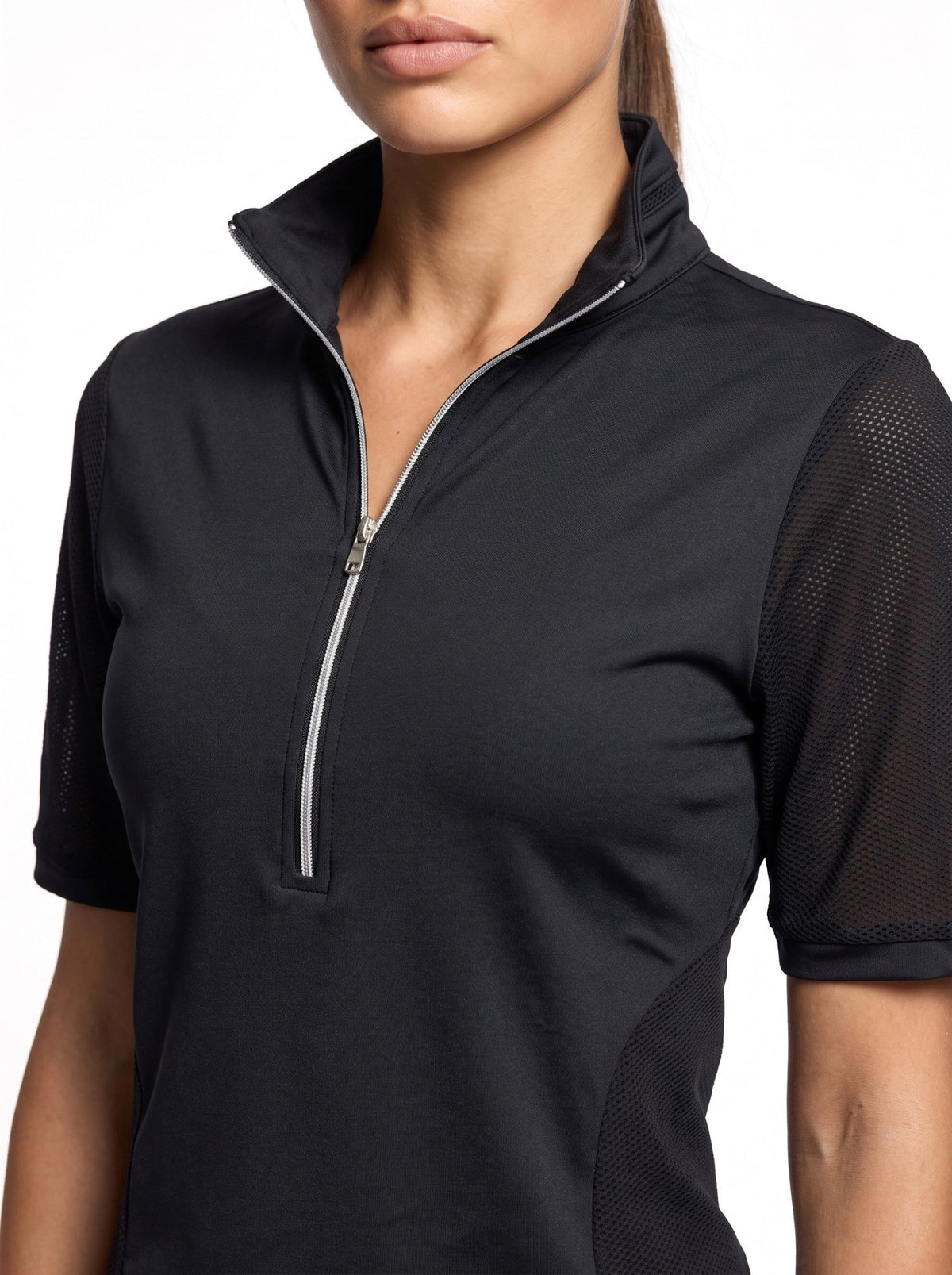 Zoe Performance Golf Polo – Silver Zip & Mesh Detail - inPhorm NYCBlack